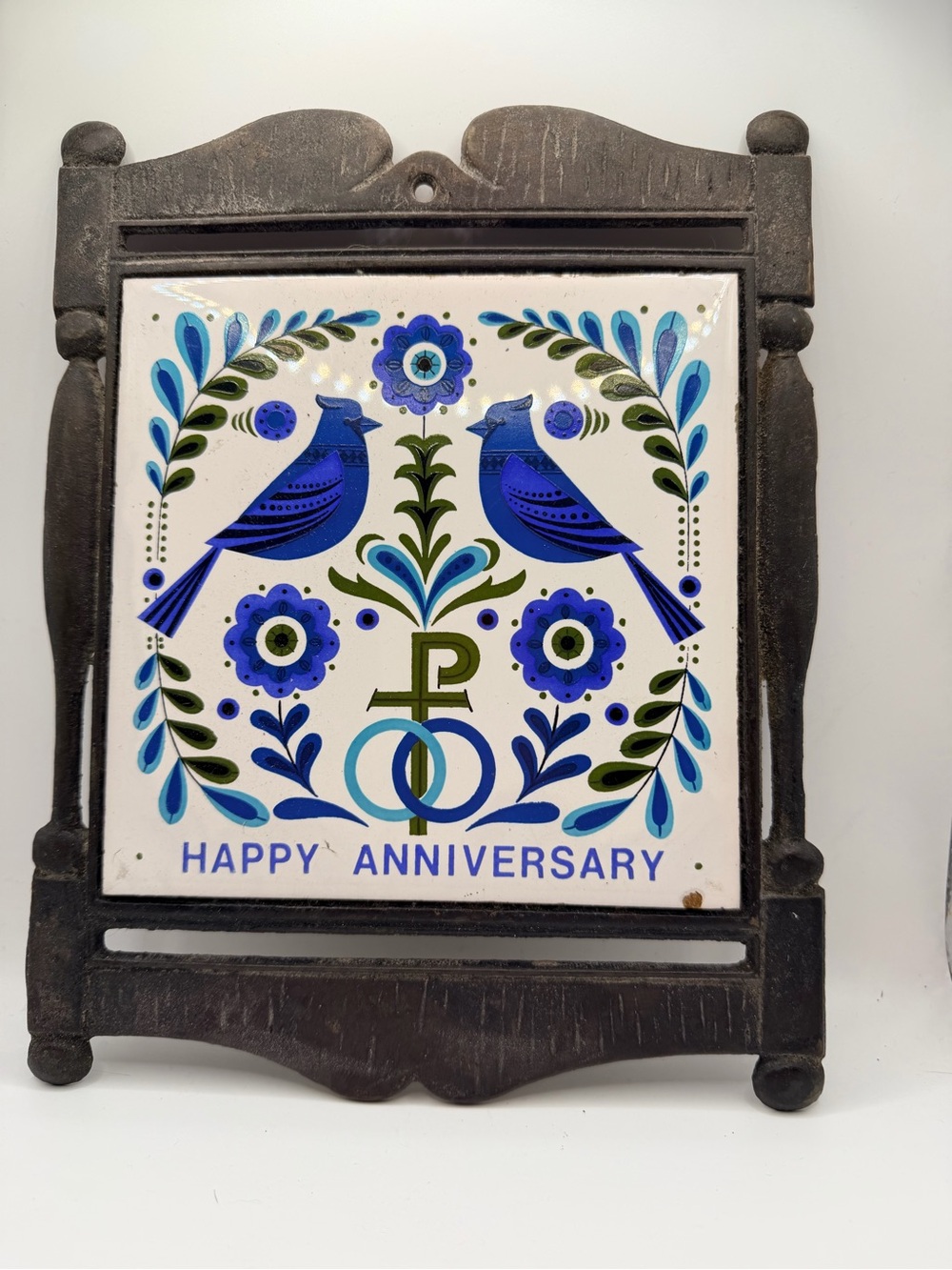 Happy Anniversary Decorative Ceramic Tile with Blue Bird Design